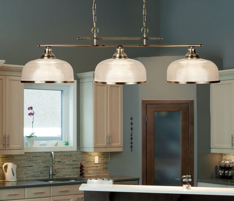 Searchlight Electric Bistro II 3Lt Pendant-Antique Brass & Holophane Style Glass 3593-3AB