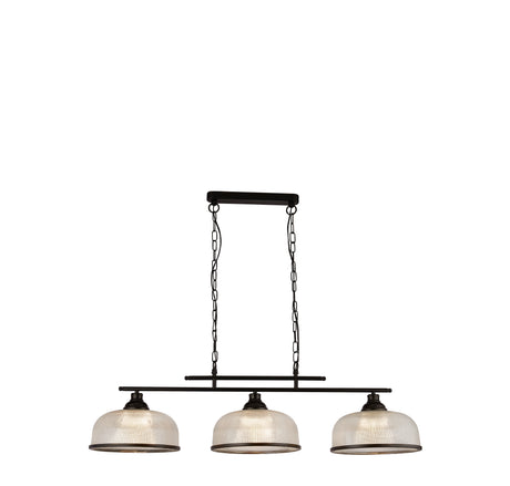 Highworth 3Lt Pendant - Black Metal & Holophane Style Glass