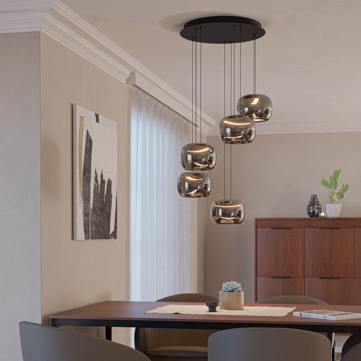Eglo EU Hortunas LED Five Light Cluster Pendant Black Steel with Rounded Fumed Glass Shades