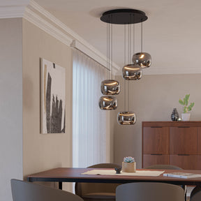 Eglo EU Hortunas LED Five Light Cluster Pendant Black Steel with Rounded Fumed Glass Shades
