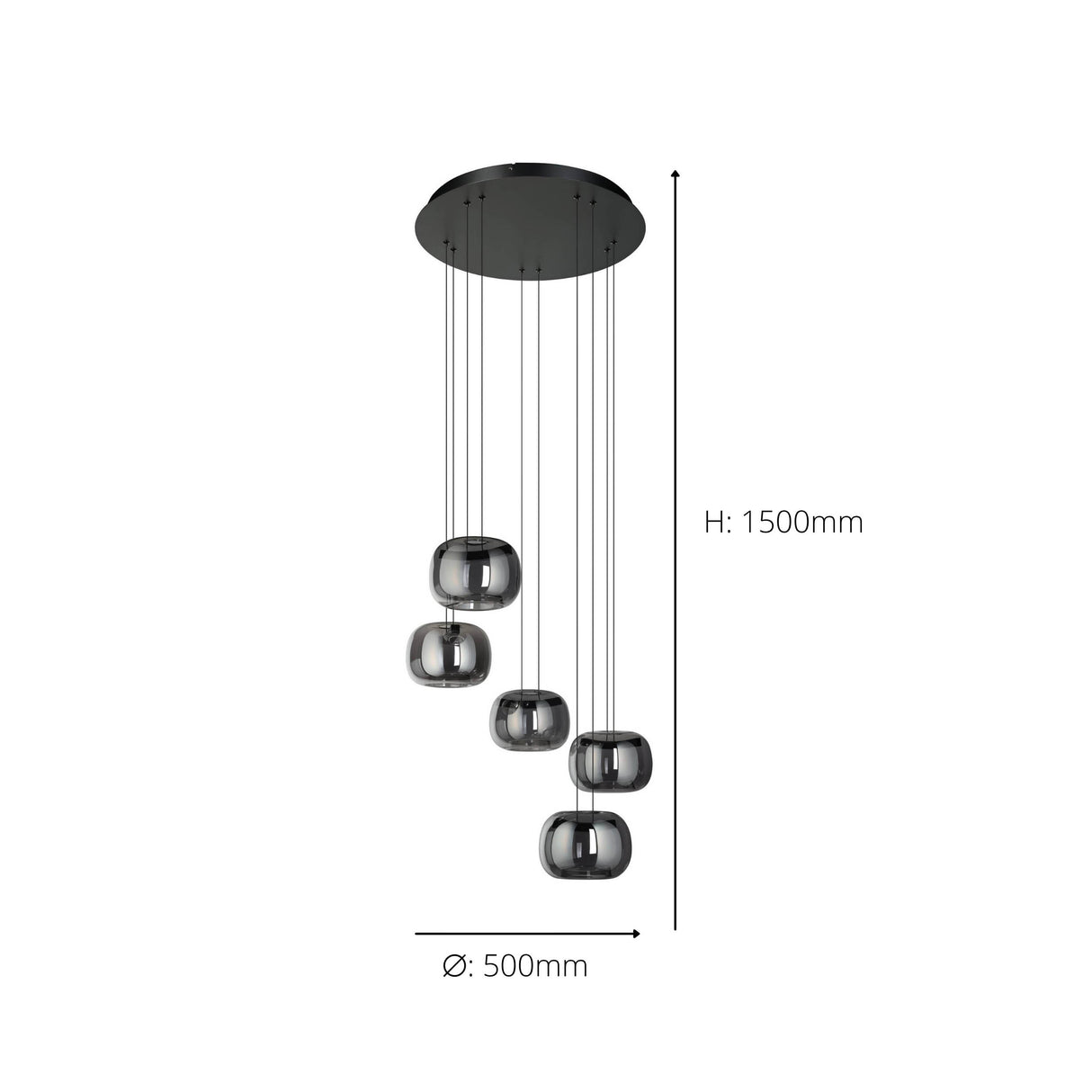 Eglo EU Hortunas LED Five Light Cluster Pendant Black Steel with Rounded Fumed Glass Shades