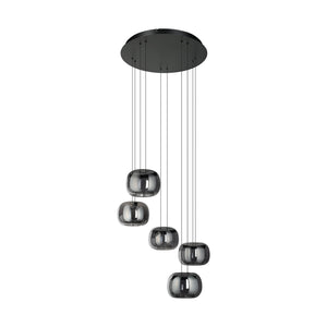 Eglo EU Hortunas LED Five Light Cluster Pendant Black Steel with Rounded Fumed Glass Shades