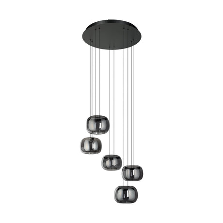 Eglo EU Hortunas LED Five Light Cluster Pendant Black Steel with Rounded Fumed Glass Shades