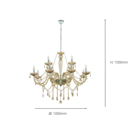 Eglo EU Basilano Chrome & Cognac Glass Crystal Pendant Light, (D) 100cm