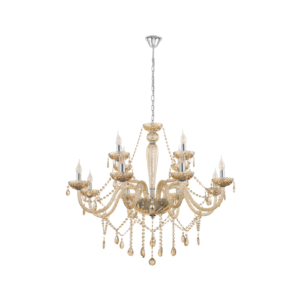 Eglo EU Basilano Chrome & Cognac Glass Crystal Pendant Light, (D) 100cm