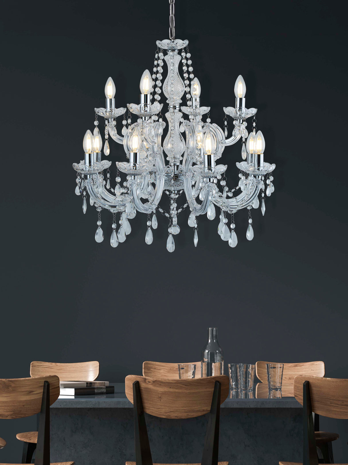 Searchlight Electric Marie Therese 12Lt Chandelier - Chrome Metal & Clear Acrylic 399-12