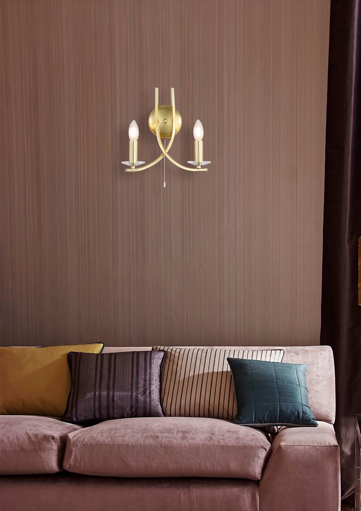 Searchlight Electric Ascona 2Lt Wall Light, Satin Brass Metal & Glass 4162-2SB