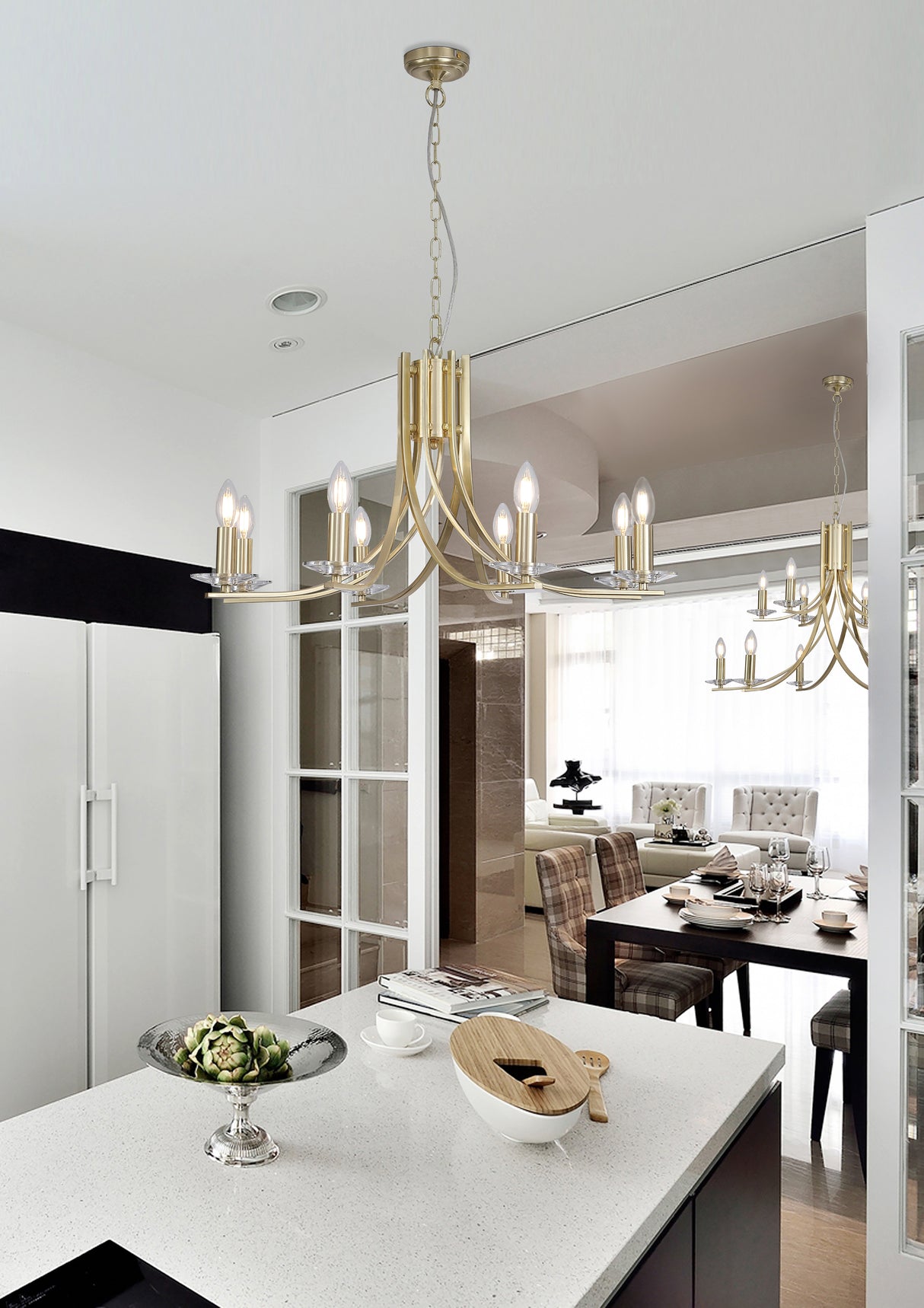 Searchlight Electric Ascona 8Lt Pendant, Satin Brass Metal & Glass 4168-8SB