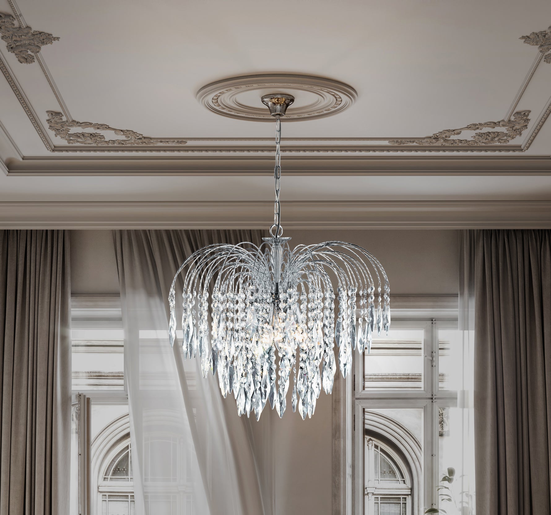 Searchlight Electric Waterfall 5Lt Pendant  - Chrome Metal & Crystal 4175-5