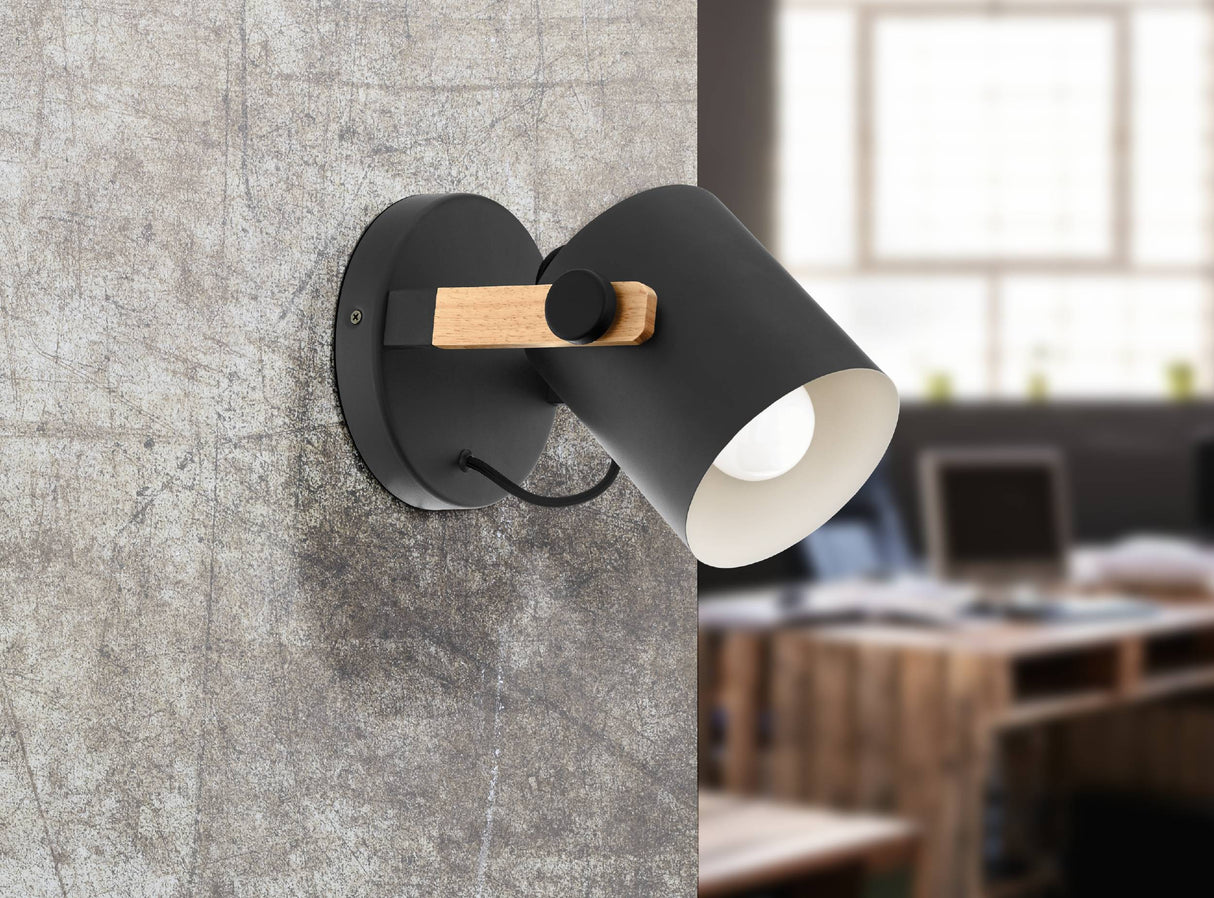 Eglo EU Hornwood Black/Natural Metal & Wood Spot Wall Light - Modern Fixture (D) 17cm