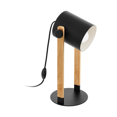 Eglo EU Hornwood Black/Natural Metal & Wood Desk Lamp - Adjustable Shade, In-Line Switch (D) 21cm
