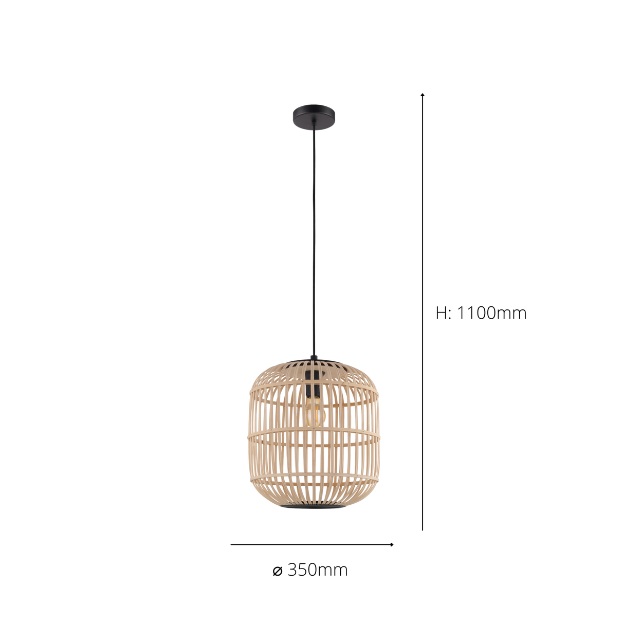 Eglo EU Bordesley Natural Bamboo and Black Metal Single Pendant Light (D) 35cm