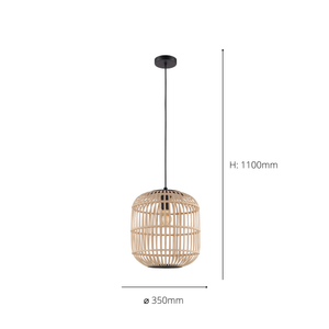 Eglo EU Bordesley Natural Bamboo and Black Metal Single Pendant Light (D) 35cm