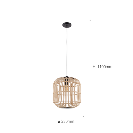 Eglo EU Bordesley Natural Bamboo and Black Metal Single Pendant Light (D) 35cm