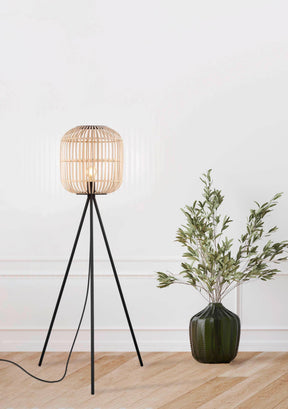 Eglo EU Bordesley Natural Wood and Black Metal Tripod Floor Lamp - Modern Design (D) 35cm