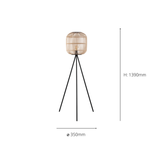Eglo EU Bordesley Natural Wood and Black Metal Tripod Floor Lamp - Modern Design (D) 35cm