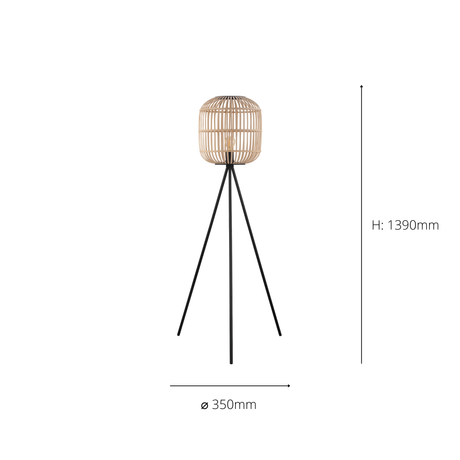 Eglo EU Bordesley Natural Wood and Black Metal Tripod Floor Lamp - Modern Design (D) 35cm