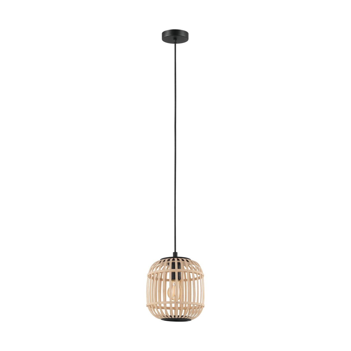 Eglo EU Bordesley 1-Light Natural Bamboo and Black Metal Single Pendant Ceiling Light (D) 21cm