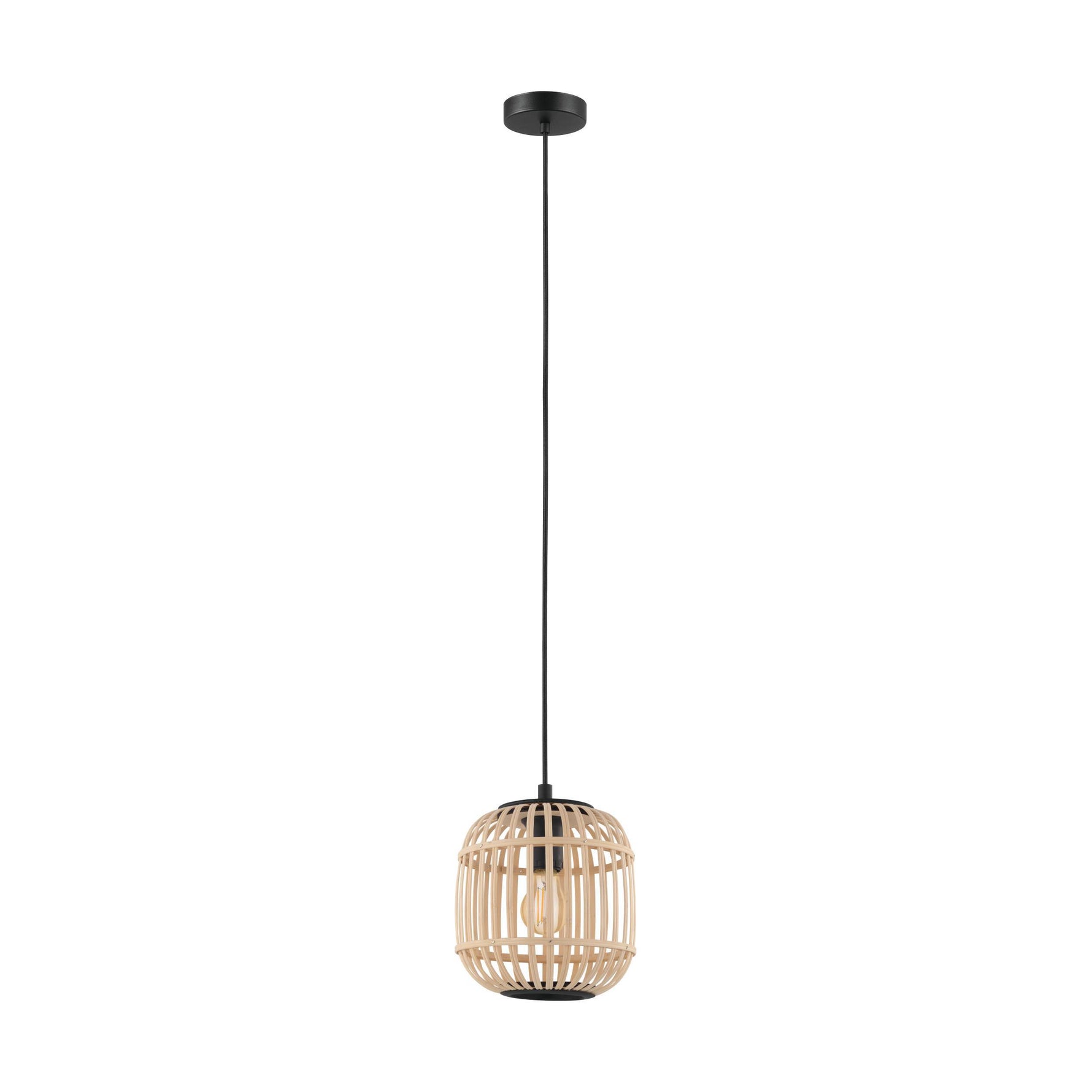 Eglo EU Bordesley 1-Light Natural Bamboo and Black Metal Single Pendant Ceiling Light (D) 21cm