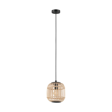 Eglo EU Bordesley 1-Light Natural Bamboo and Black Metal Single Pendant Ceiling Light (D) 21cm