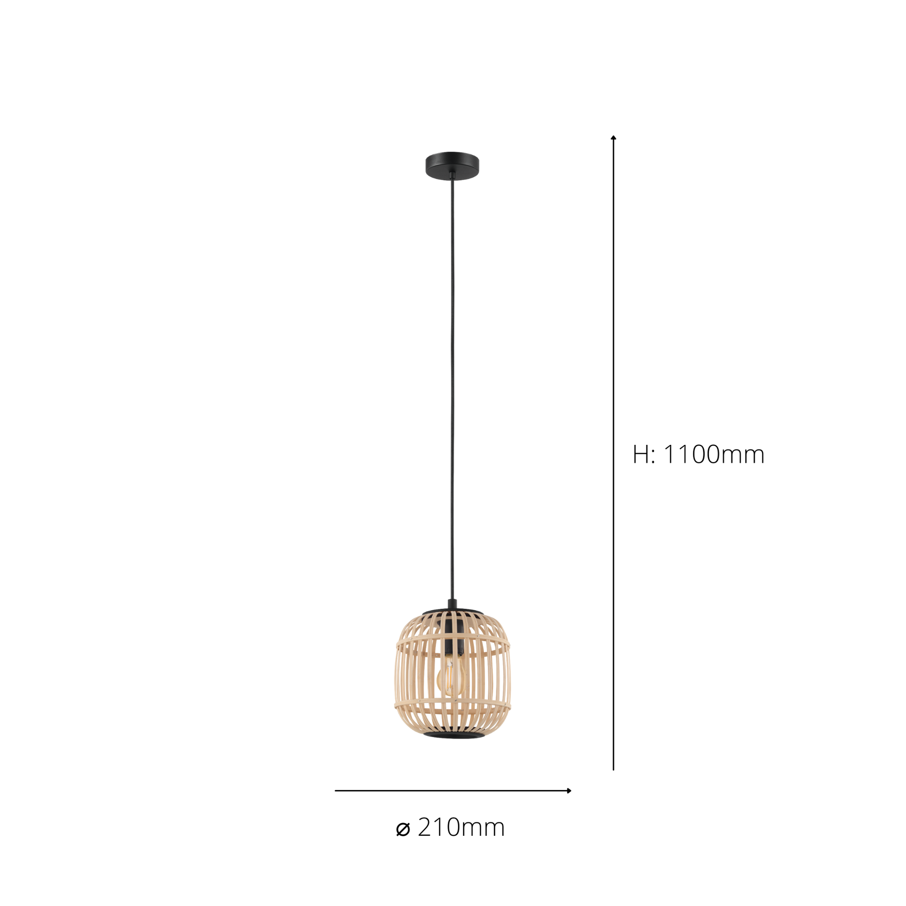 Eglo EU Bordesley 1-Light Natural Bamboo and Black Metal Single Pendant Ceiling Light (D) 21cm