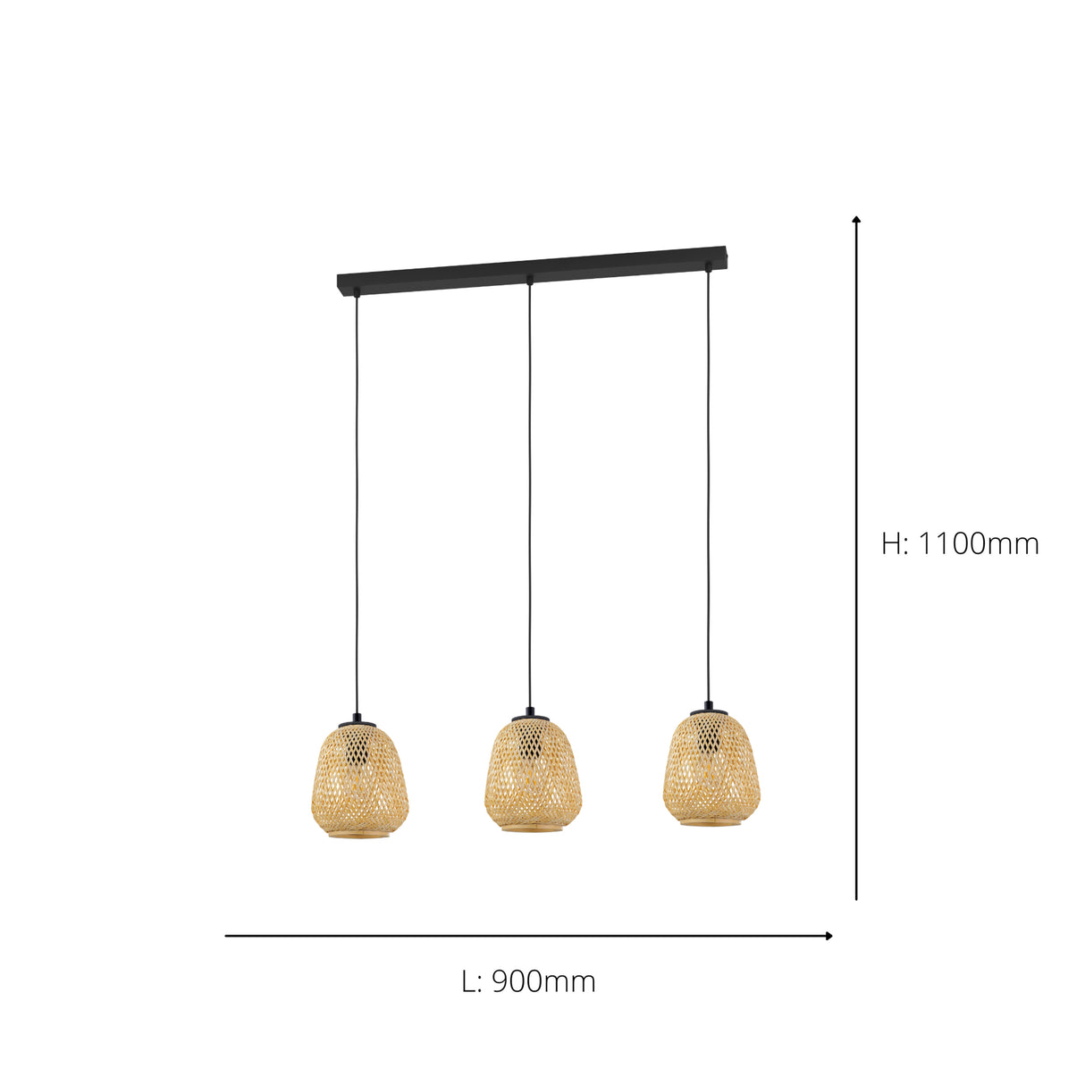 Eglo EU Dembleby Black Steel & Natural Wood 3-Light Pendant