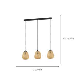 Eglo EU Dembleby Black Steel & Natural Wood 3-Light Pendant