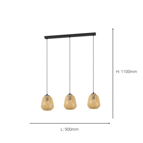Eglo EU Dembleby Black Steel & Natural Wood 3-Light Pendant