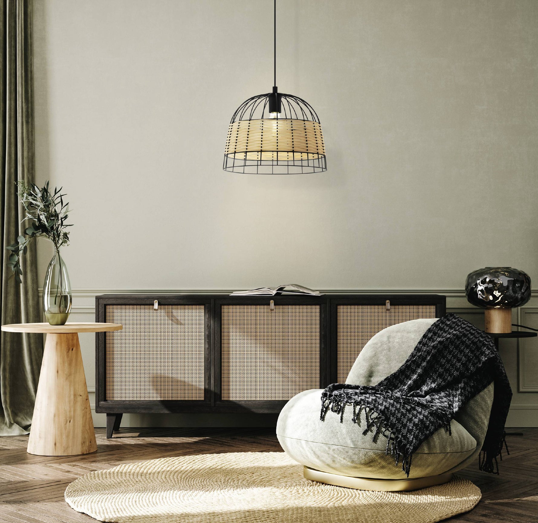 Eglo EU Anwick Black Metal And Natural Wicker Single Pendant Light Ceiling Fitting, (D) 37cm