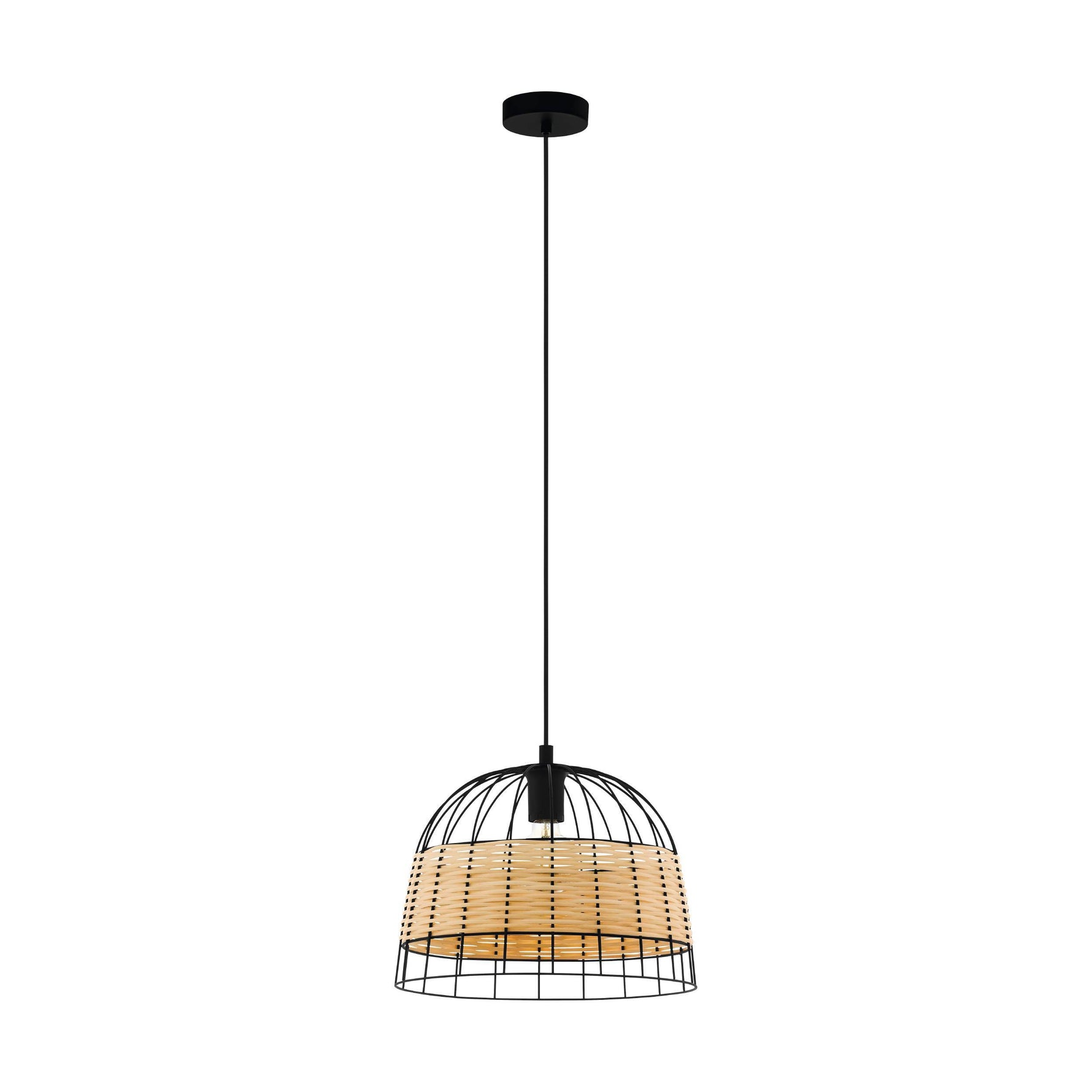 Eglo EU Anwick Black Metal And Natural Wicker Single Pendant Light Ceiling Fitting, (D) 37cm