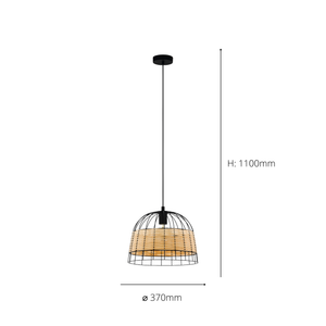 Eglo EU Anwick Black Metal And Natural Wicker Single Pendant Light Ceiling Fitting, (D) 37cm