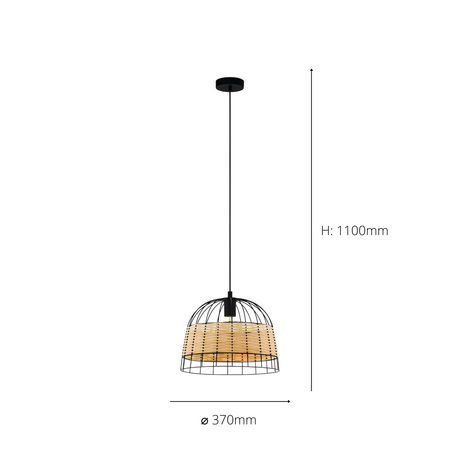 Eglo EU Anwick Black Metal And Natural Wicker Single Pendant Light Ceiling Fitting, (D) 37cm