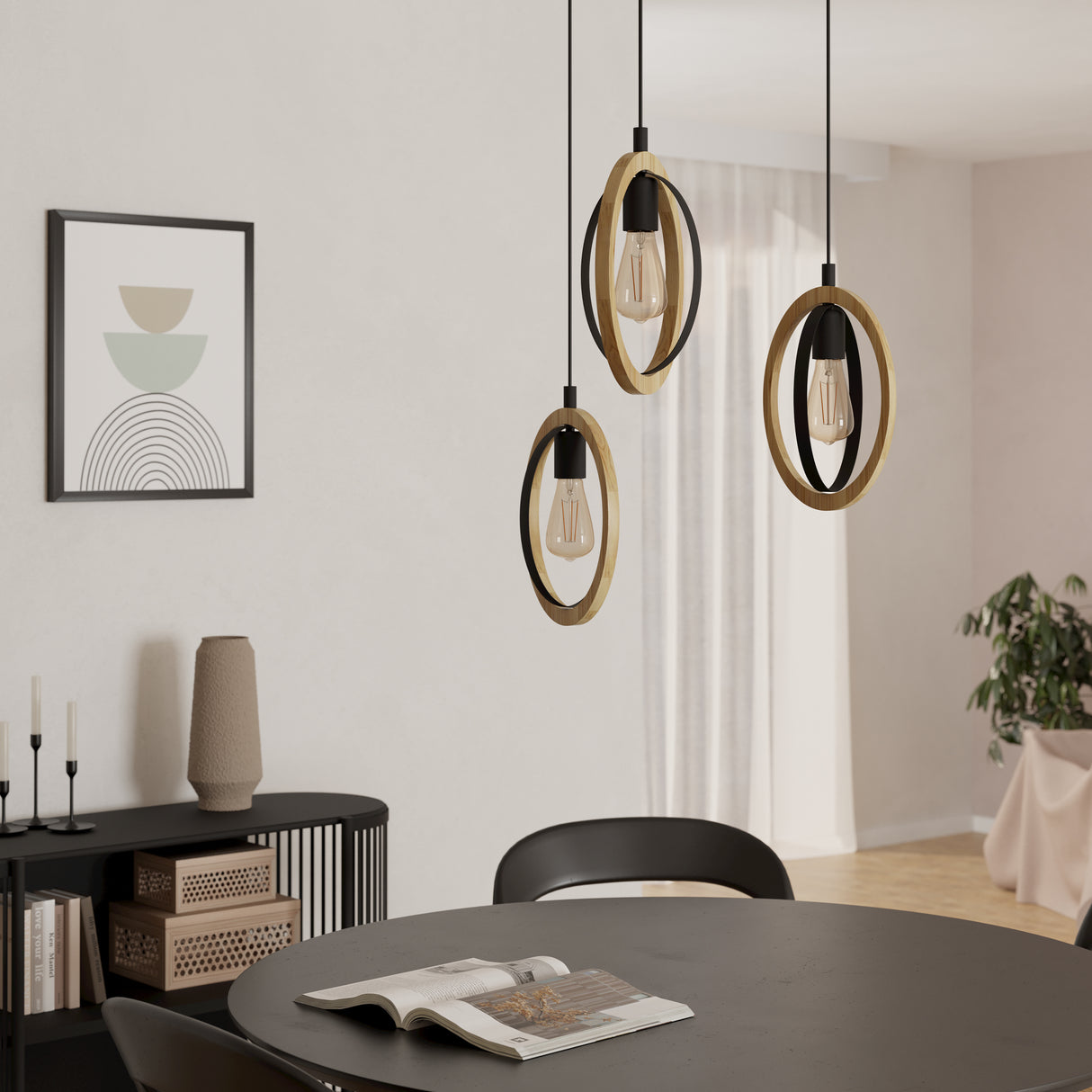 Eglo EU Basildon Black Steel & Wood Modern Unique Design 3-Light Pendant