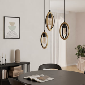 Eglo EU Basildon Black Steel & Wood Modern Unique Design 3-Light Pendant