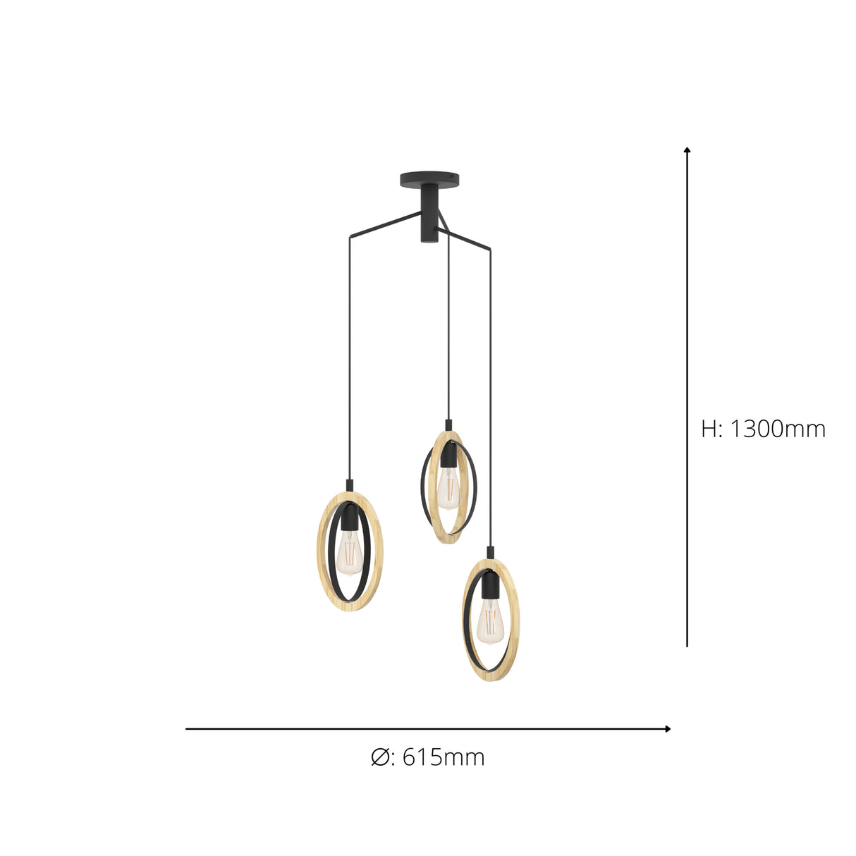 Eglo EU Basildon Black Steel & Wood Modern Unique Design 3-Light Pendant