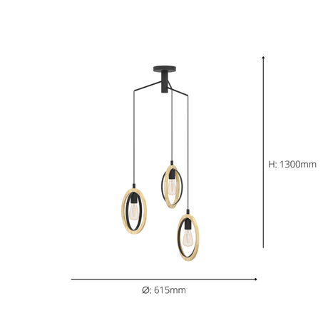 Eglo EU Basildon Black Steel & Wood Modern Unique Design 3-Light Pendant