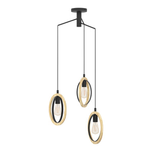 Eglo EU Basildon Black Steel & Wood Modern Unique Design 3-Light Pendant