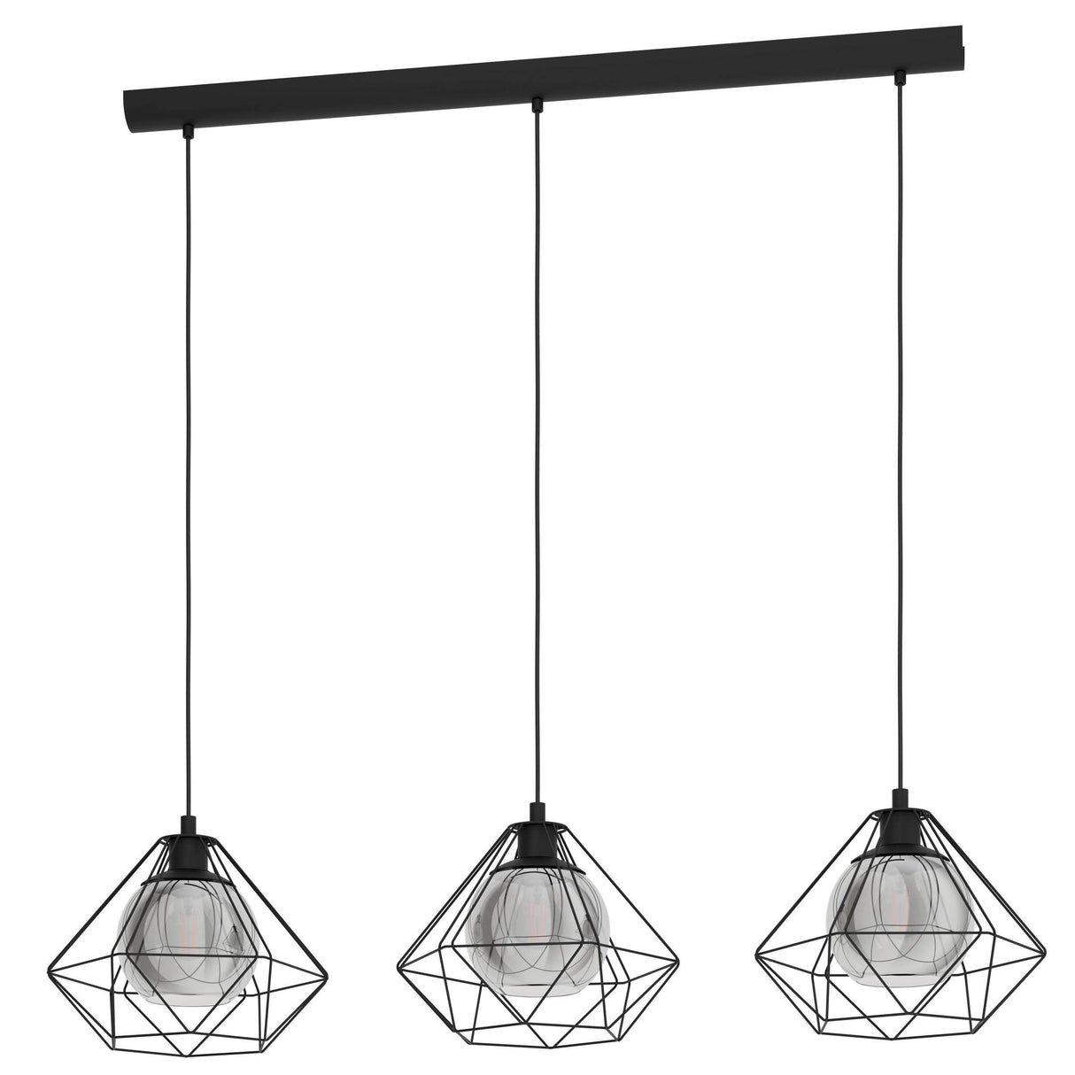 Eglo EU VERNHAM Pendant Ceiling Light – Black Steel with Smoked Glass Shades, E27, Height Adjustable, Indoor Lighting