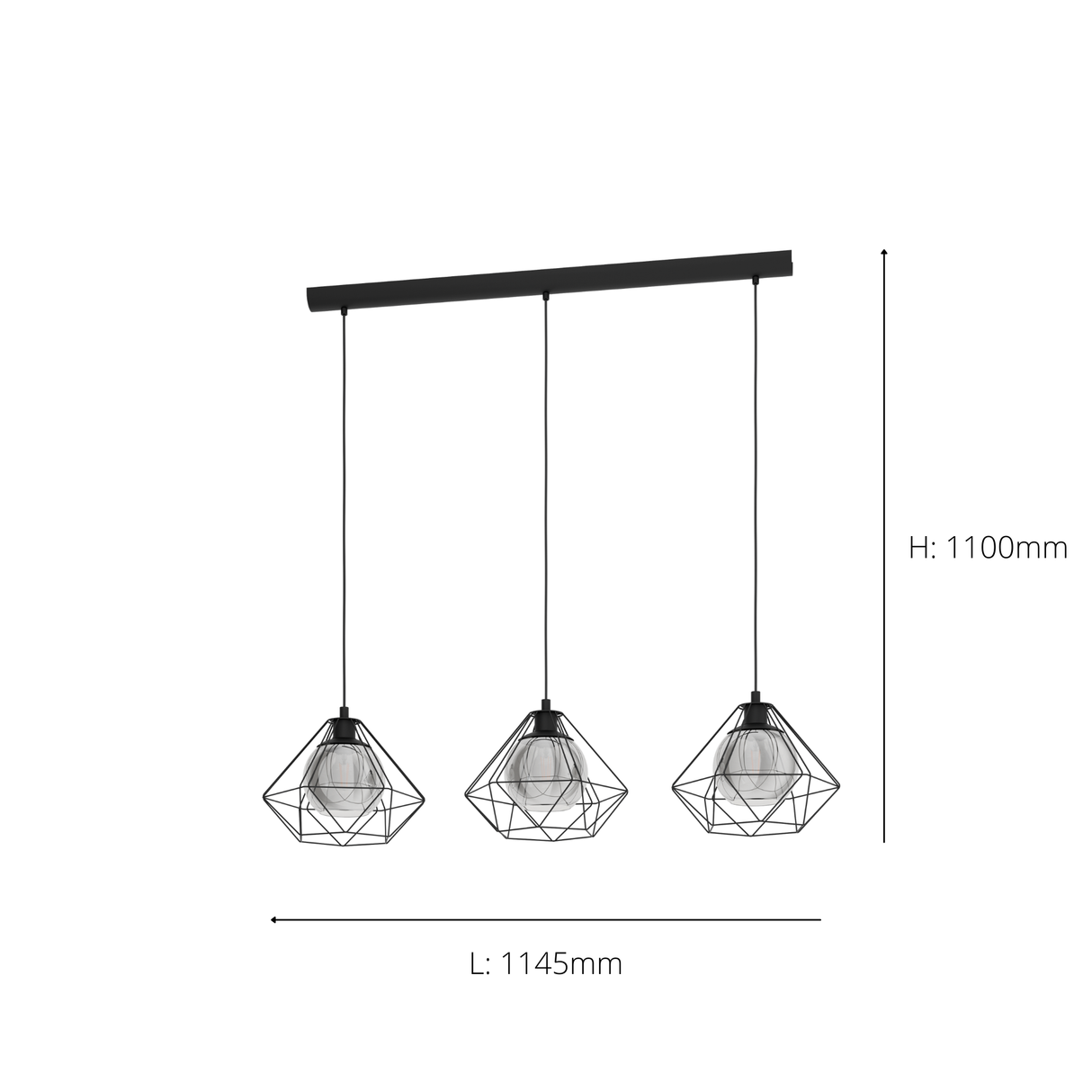 Eglo EU VERNHAM Pendant Ceiling Light – Black Steel with Smoked Glass Shades, E27, Height Adjustable, Indoor Lighting
