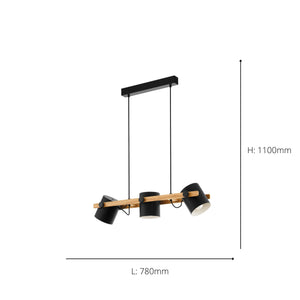 Eglo EU Hornwood Retro Wood And Black Steel 3-Light Pendant
