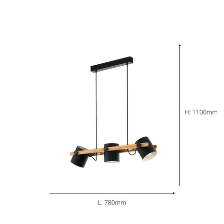Eglo EU Hornwood Retro Wood And Black Steel 3-Light Pendant