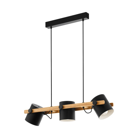 Eglo EU Hornwood Retro Wood And Black Steel 3-Light Pendant