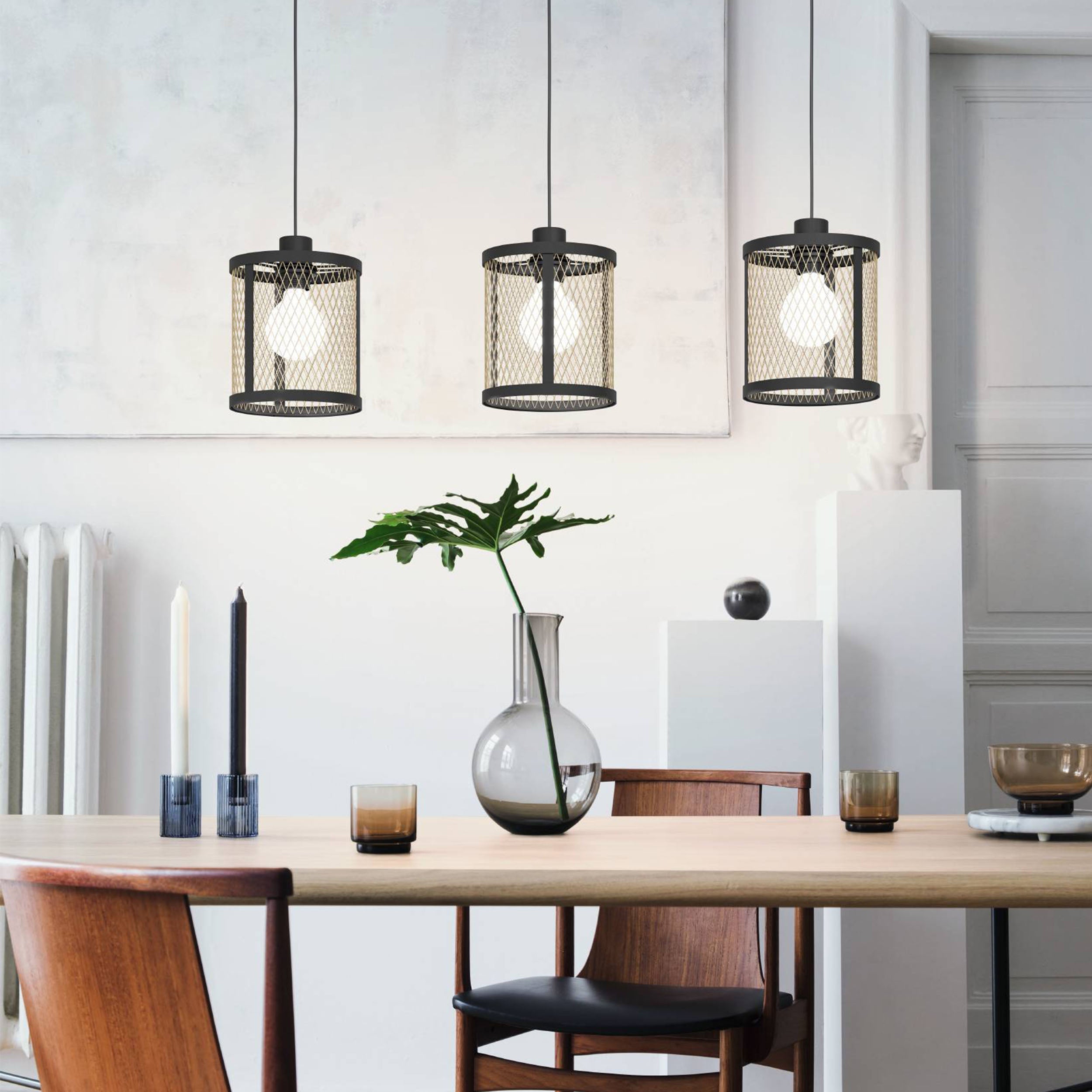 Eglo EU Dembleby Black Steel & Natural Wood 3-Light Pendant