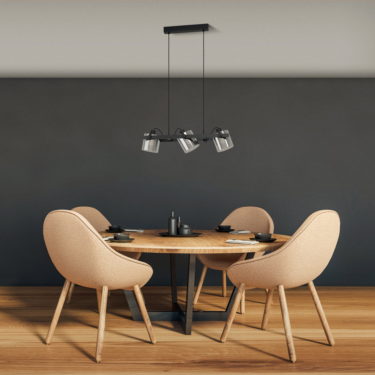 Eglo EU Hornwood 2 Black Steel & Wood 3-Light Pendant