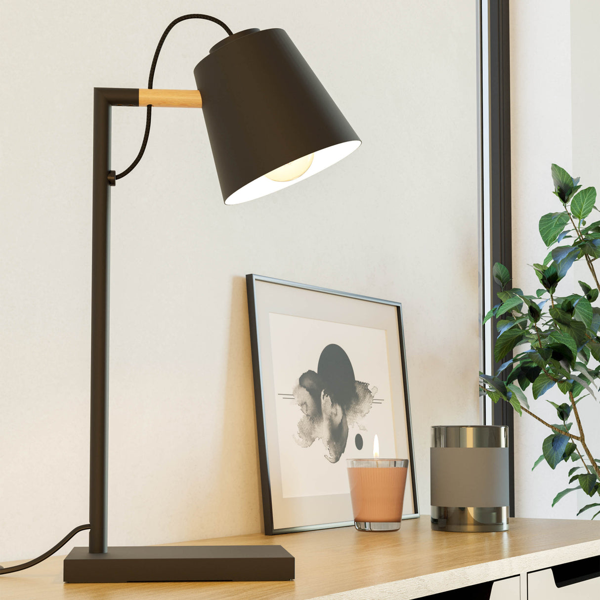 Eglo EU Lacey Table Lamp Black Steel with Wooden Accents & Inner Cream Shade E14