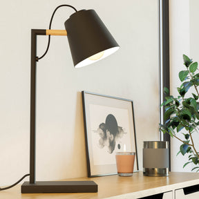 Eglo EU Lacey Table Lamp Black Steel with Wooden Accents & Inner Cream Shade E14