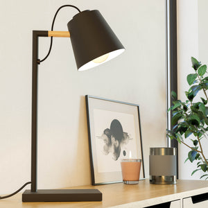 Eglo EU Lacey Table Lamp Black Steel with Wooden Accents & Inner Cream Shade E14