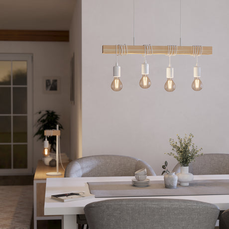 Eglo EU Townshend White/Natural Metal & Wood 4-Light Pendant - Industrial Style