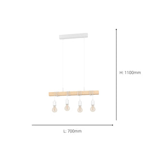 Eglo EU Townshend White/Natural Metal & Wood 4-Light Pendant - Industrial Style
