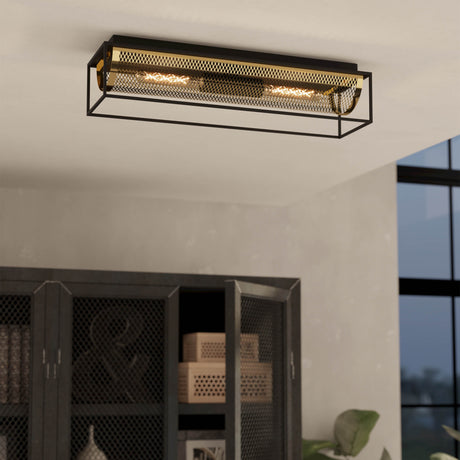 Eglo EU Nohales Ceiling Light Black Steel Frame with Brass Vintage Steel Bar, E27 Lamp Holders (640mm)
